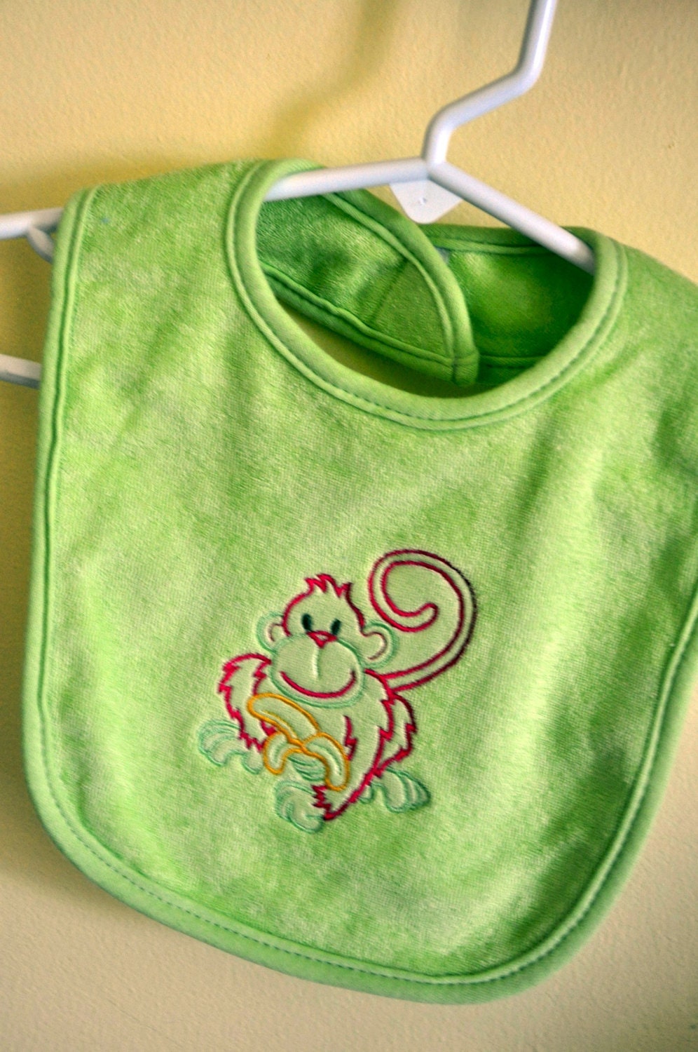 Toddler Size. Lime Green Terry Cloth Baby Bib. Embroidered Monkey with Hot Pink, Lime Green and Yellow Embroidery Thread