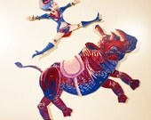 DIY Circus Rhino and Acrobatic Lady Paper Puppet Doll Set, Red, Blue For Paper Play, Paper Crafts