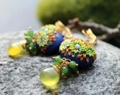 Olive Green and glowing pale golden olive Jade clay floral gold earrings in a deep brilliant blue and green,yellow- My Little Lime Tree