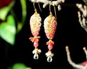 Grapefruit chalcedony, Pink Opal and Rose quartz with  polymer clay floral long dangle earrings - If Pink was a Fragrance