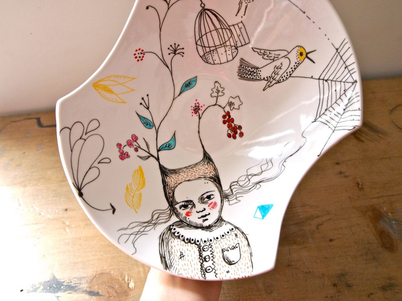 hand painted ceramic serving bowl wolf girl in the magic garden
