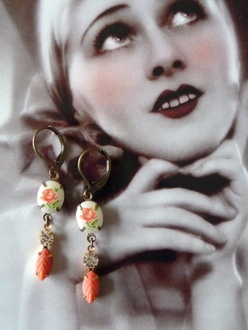 Cecile Earrings - Vintage Jewelry - Coral Earrings - Orange Earrings - Vintage rose cabochons - Crystal - Rhinestone (SD0509)
