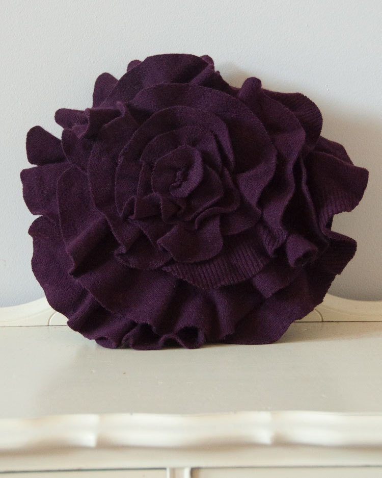 Small Ruffle Rose Pillow in Plum Purple. Eco friendly recycled materials.