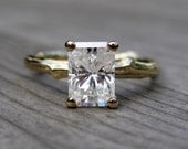 Emerald Cut Moissanite Twig Engagement Ring - Yellow or White Gold - 1ct
