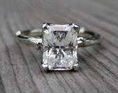 Emerald Moissanite Twig Engagement Ring - Carved Floral Setting - 1.67ct
