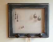 Mother's Day Gift - upcycled blue wood frame jewelry holder with antique metal knobs (sunflower design)