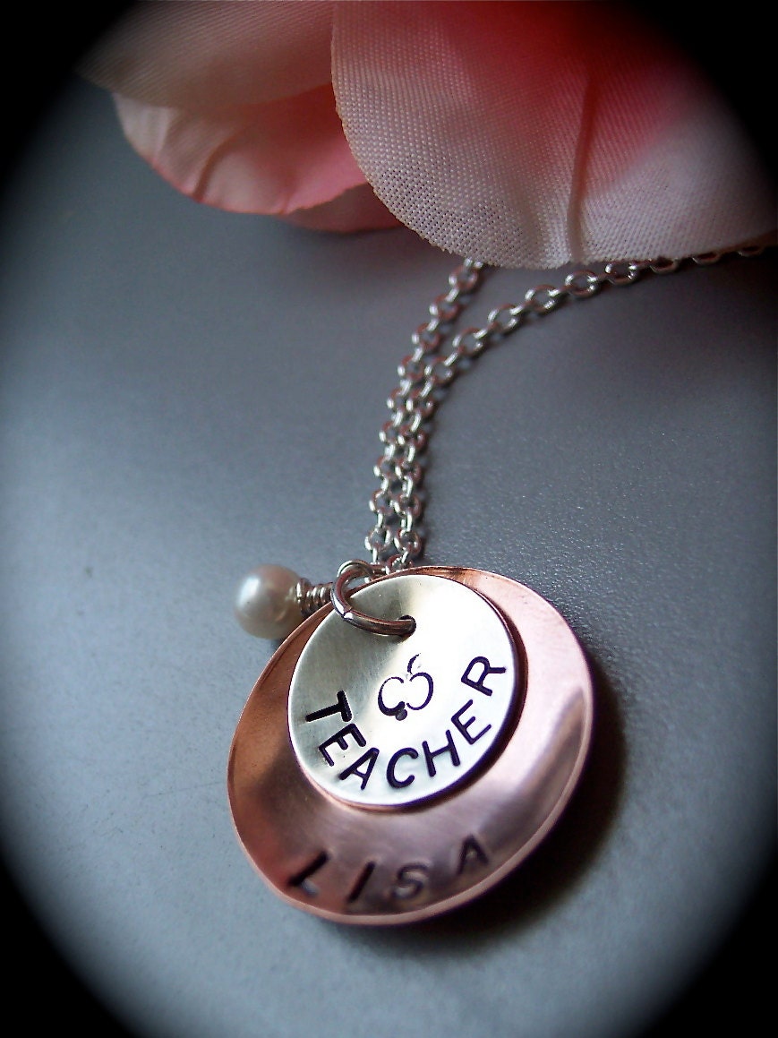 Copper or Silver necklace with pearl and apple for teacher - perfect hand stamped gift