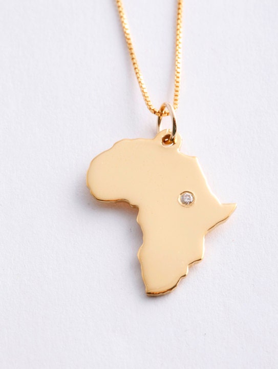 Large 10k Solid Gold Africa Pendant with Diamond