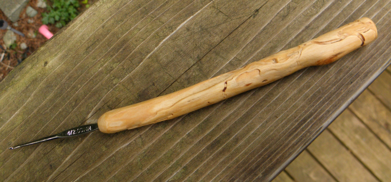 Steel Crochet Hook Holder - hand carved wormy wood
