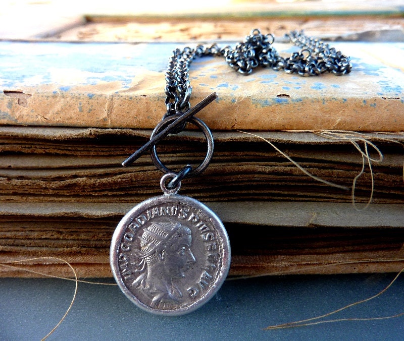Ancient roman Silver antonionus coin necklace,  statement necklace, Mens jewelry, unisex jewelry, sterling silver necklace