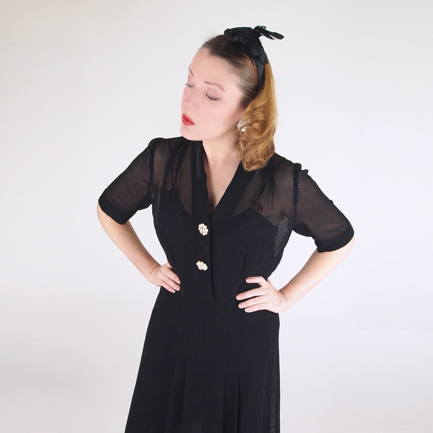 40s War Era Black Sheer Leno Weave Rayon Dress with Big Pearl Flower Buttons L