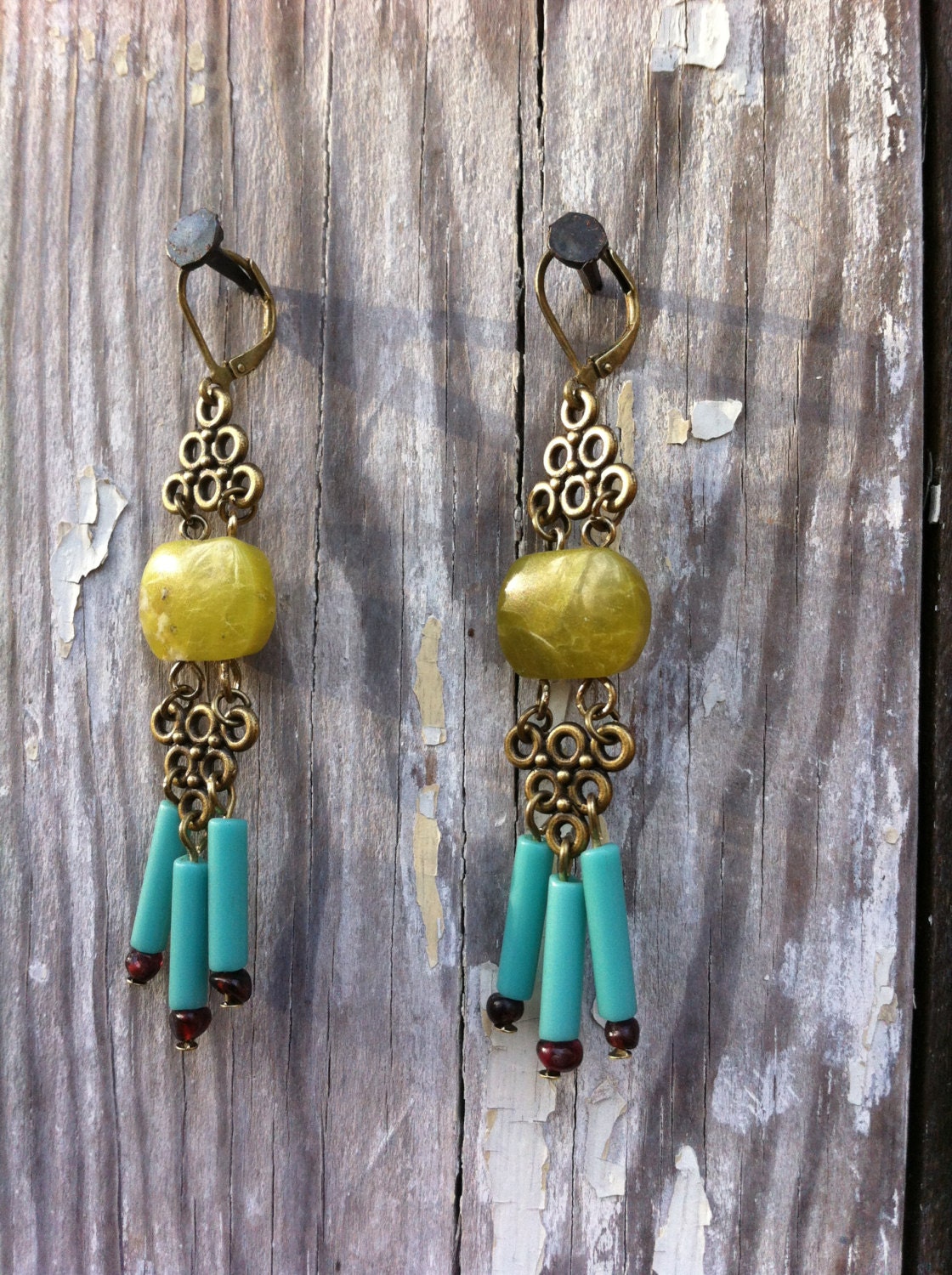 Chandelier Earrings Lemon Jade, Garnet & Antique Turquoise Glass  Beads