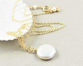 Coin Pearl Necklace, Pearl Drop Necklace, White Pearl Necklace, June Birthstone, Single Pearl Necklace