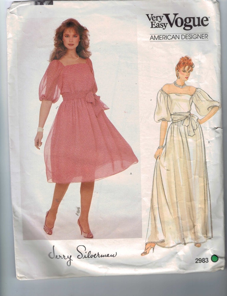 1980s Misses Sewing Pattern Vogue 2983 Easy American Designer Jerry Silverman Romantic Dress Size 6 8 10 Bust 30 1/2 31 1/2 32 1/2 80s