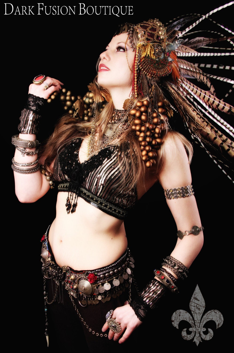 Halter,  B, C or D Cup, Black, Gold, Copper Sequin Sparkle Stripe, Noir, Cabaret, Bellydance, Costume, Tribal, Fusion, Bra, Gothic