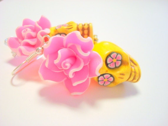 Bright Pink and Yellow Day of the Dead Roses and Sugar Skull Earrings