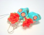 Red and Turquoise Day of the Dead Roses and Sugar Skull Earrings
