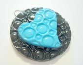 Turquoise and Black Bubble Textured Heart Handmade Polymer Clay Pendant