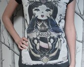 WOMENS T-Shirt, Nautical Lighthouse Russian Doll, Grey, S/M/L