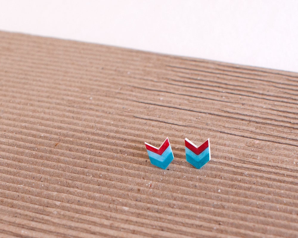 Hand Drawn Tricolor Chevron Earrings - Red Blue Teal