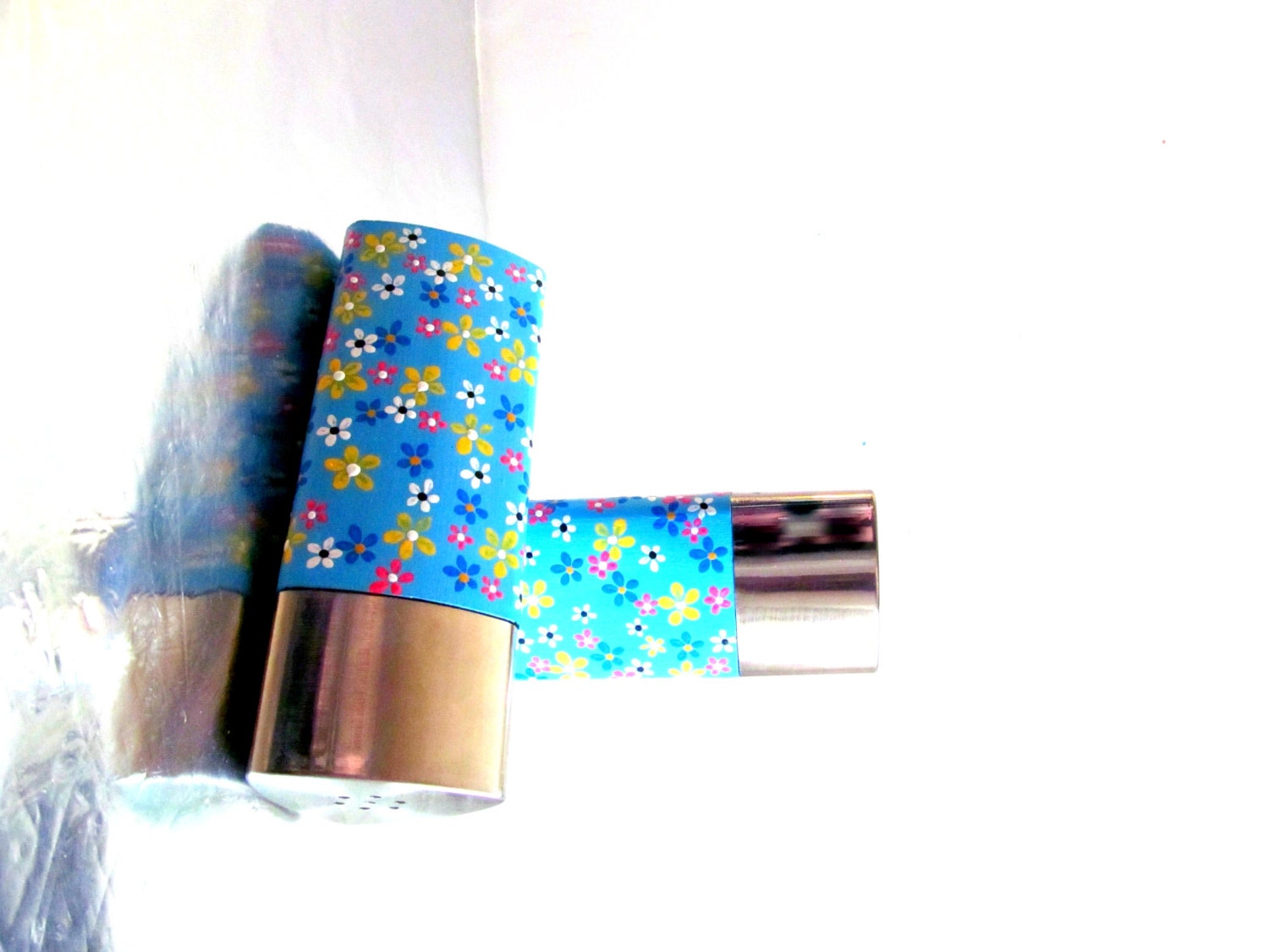 Blue with Flowers Salt and Pepper Shaker set Triangle shaped Hand Painted