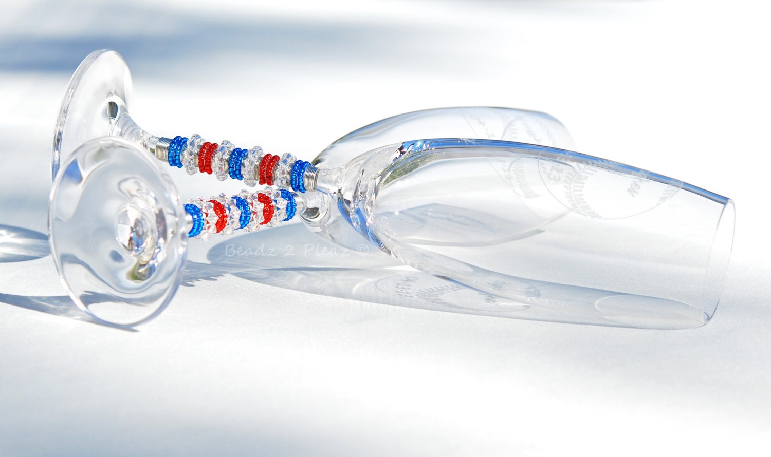 Baseball ENGRAVED Toasting Flutes Beaded In SWAROVSKI Crystal And Glass Beads UNIQUE Wedding Table Setting Texas Rangers Red White And Blue