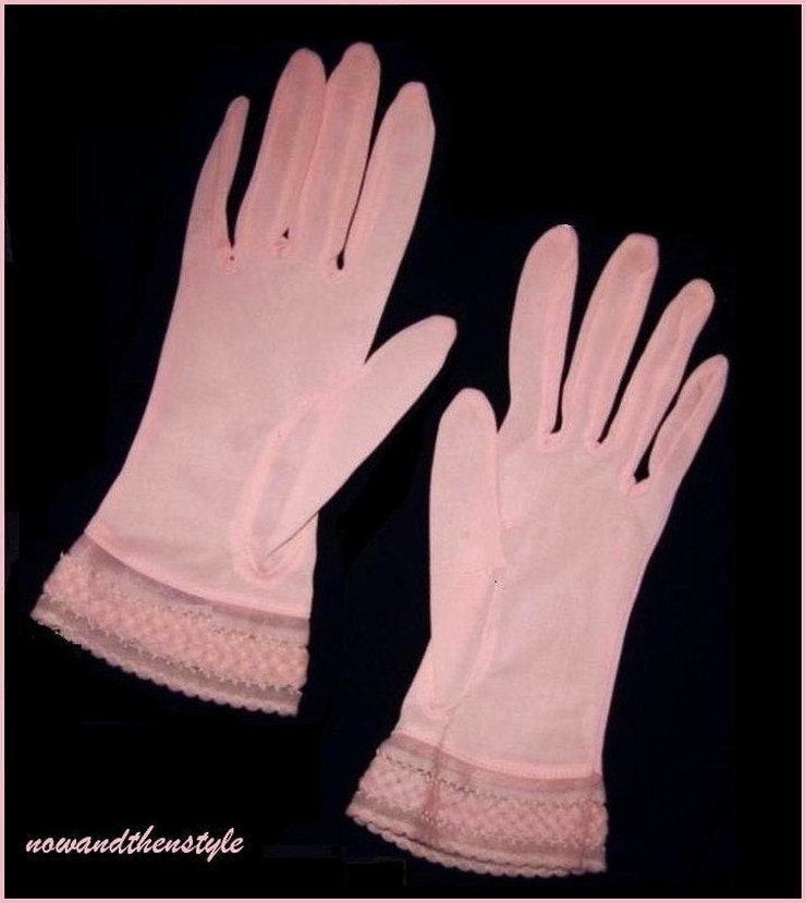 Vintage 1950s Pink Gloves Feminine Unusual Lattice Work Cuffs Dressy Sweet Nylon 8"