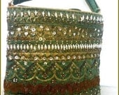 Vintage 1970s Purse Green and Gold Hand Painted Nymph Gypsy Solstice Heavy Beading Unique