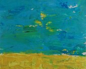Abstract Acrylic Painting 6x6 Original Contemporary Modern Canvas Board - Mighty Fine Day, Yellow sand, blue sky, beach scene