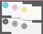 RECIPE CARDS - Mandalas - 6 Cards Total -  Black & White, Pink, Teal, Lime Green - 6x4 inches - Item 123
