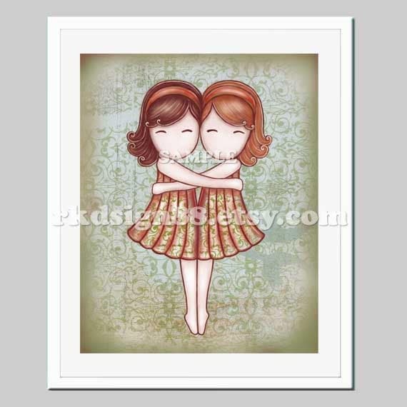 Whimsical nursery art print, baby girl nursery wall art, children decor, girl room decor, twin, brown red - My Lovely Best Friend 8x10