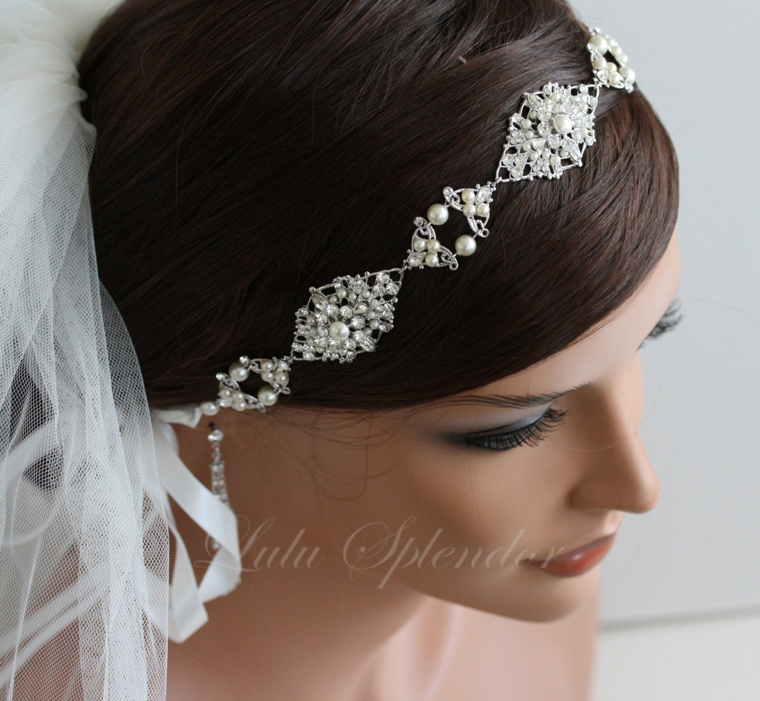Bridal Headband Wedding hair Accessories Ribbon Headband Pearl and Rhinestone Vintage Head Piece Hair Jewelry MARCELLA DIVINE