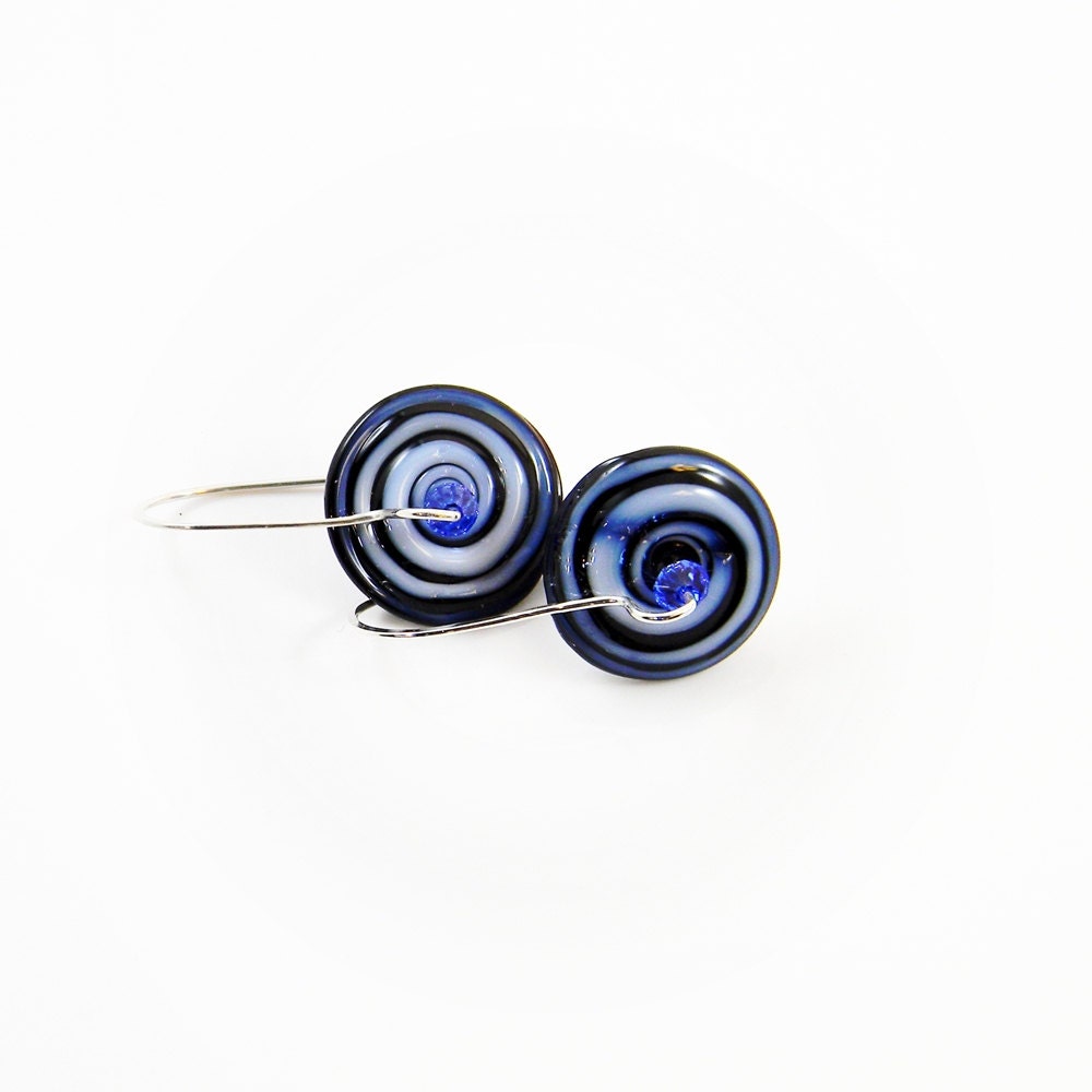 Handmade Blue Swirls Glass diska Latch-Back Earrings -  Gift  - Sterling Silver - Under 20 Dollars