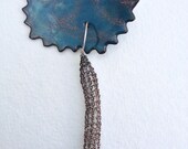 Blue Enameled Pendant with Crocheted Sterling Silver on Bamboo Cord