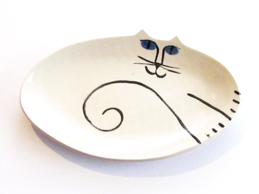 Cat Platter: pottery white black blue eyes HM stoneware  feline designer