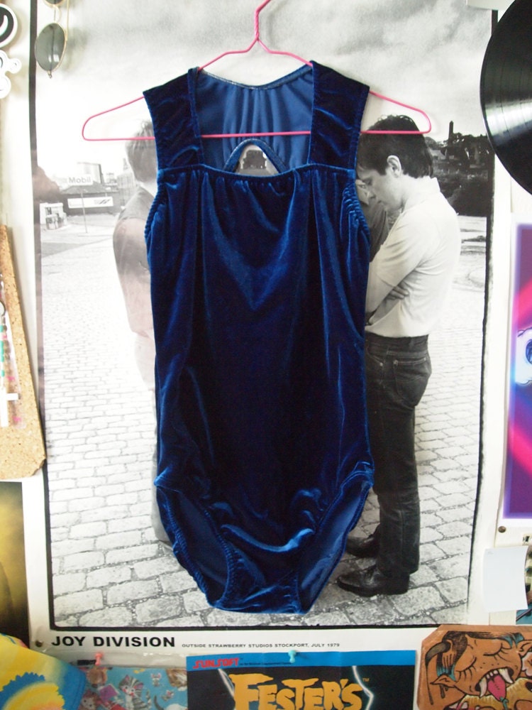 BLUE VELVET // Vintage 90s Royal Blue Velvet Diamond Cut Out Bodysuit, M