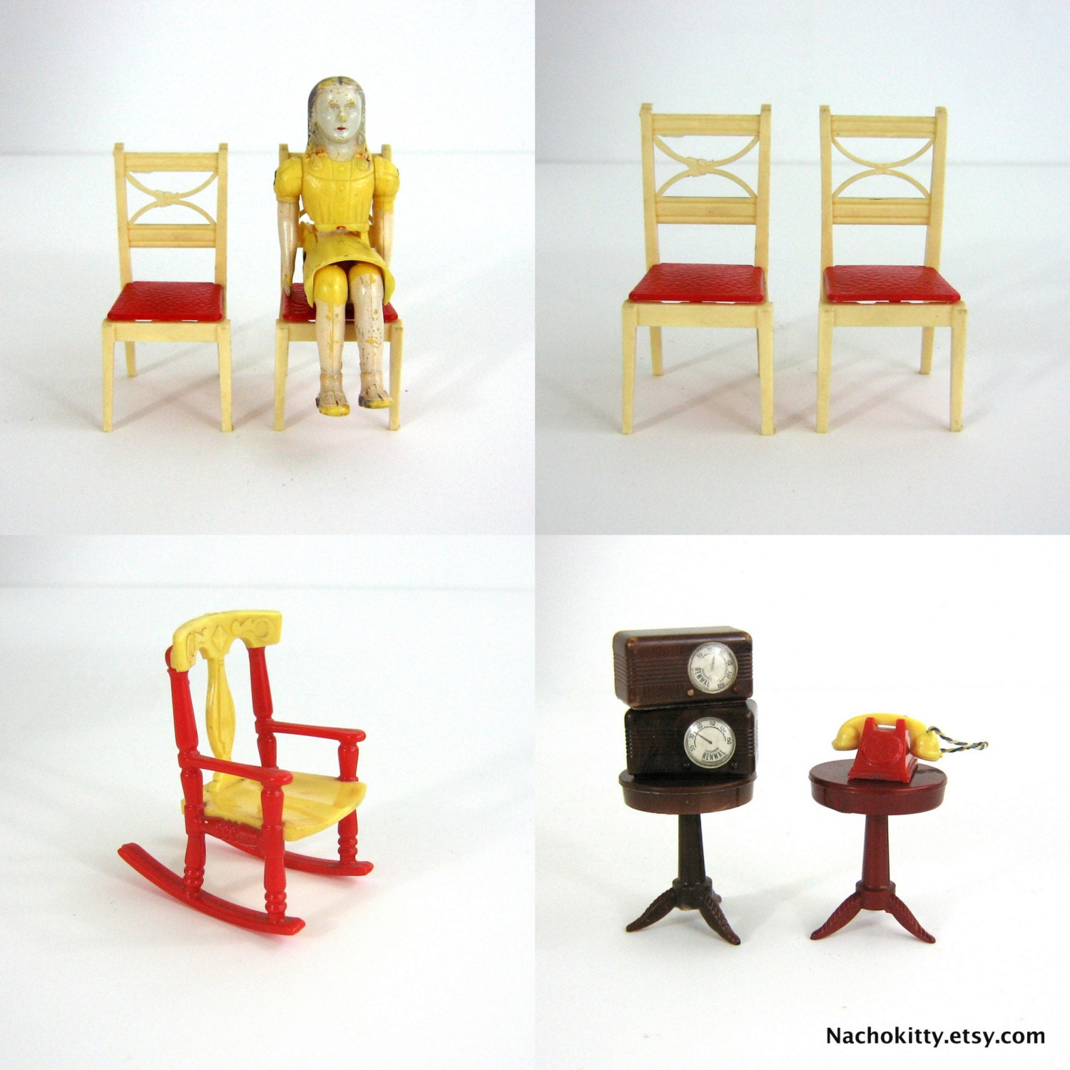 Renwal Dollhouse Furniture Lot: Tables, Chairs, Phone & Radios
