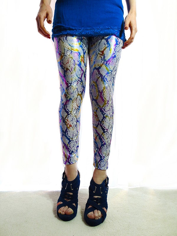 Metallic Rainbow Hologram Snake Skin Leggings, Size Small / S, Nylon Stretch Spandex Pants, Colorful Funky Fashion