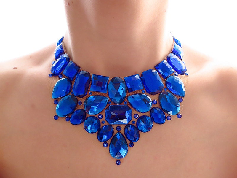 Blue Bib Necklace, Rhinestone Statement, Sparkly, Jeweled Bib, Bridesmaid Necklace, Jewelry, Bright, Royal Blue Necklace