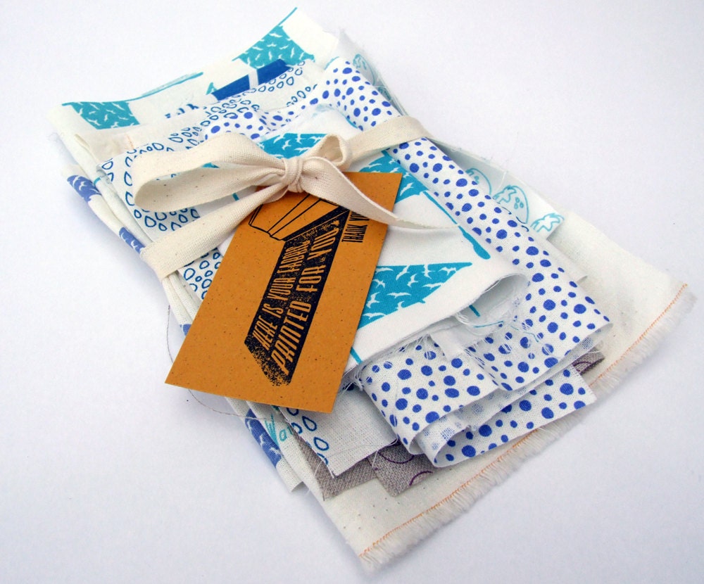 Hand Printed Fabric Scraps Cool Colours - Blue, Purple, Grey, Green, Black