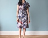1980s shirt dress / 80s floral belted dress / navy henley dress (s/m)