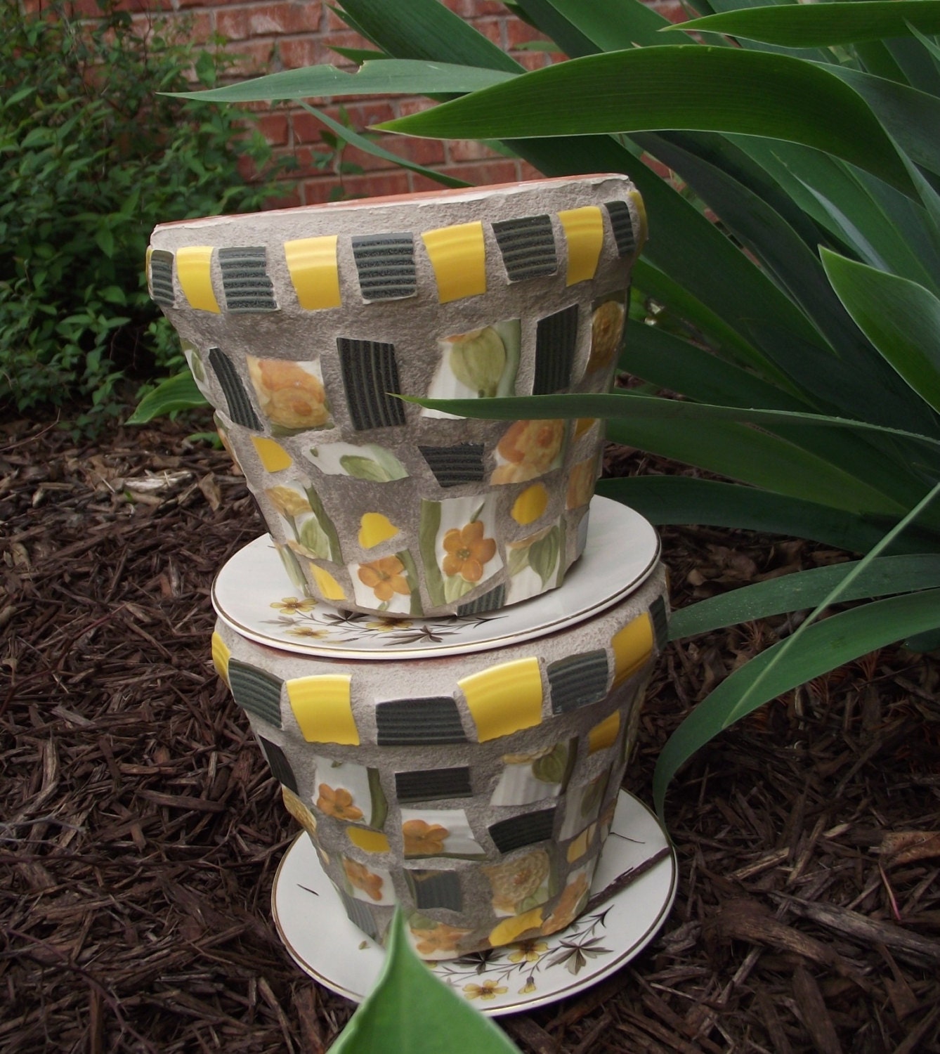 Recycled China Mosaic Flower Pot - Yellow and Green