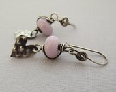 Pastel Pink Lampwork Sterling Silver Heart Wire Wrapped Earrings. Love XOXO