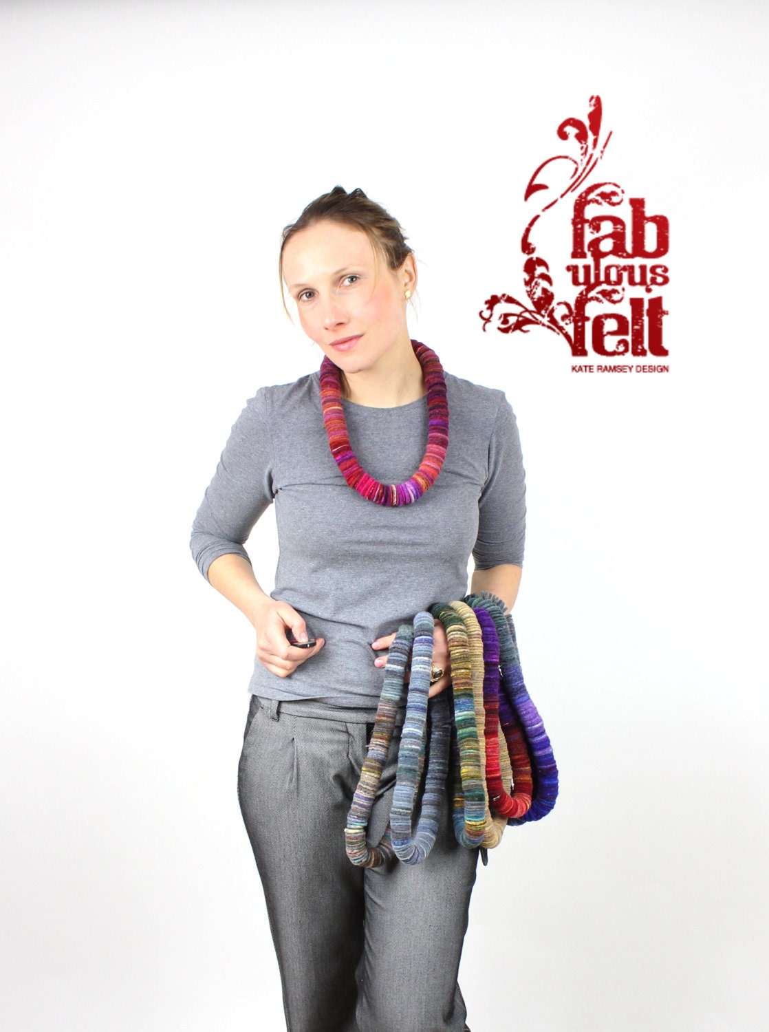 Red felted necklace designer fashion jewellery handmade felted scarf beads