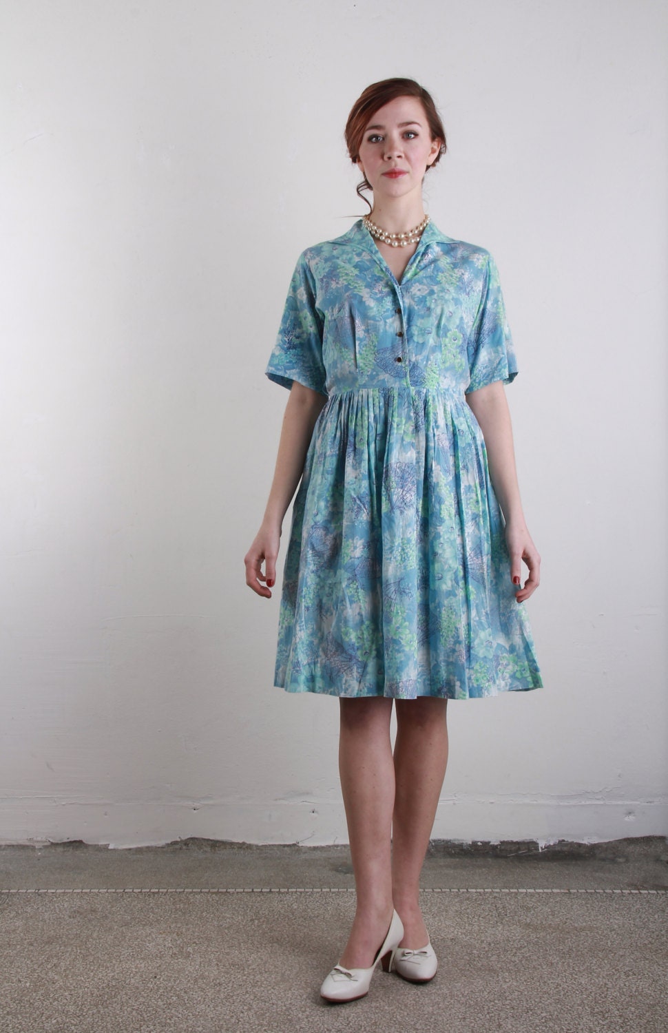 50s Dress . Blue Floral Splash . Asian Fan Print . Mid Century . Full Skirt