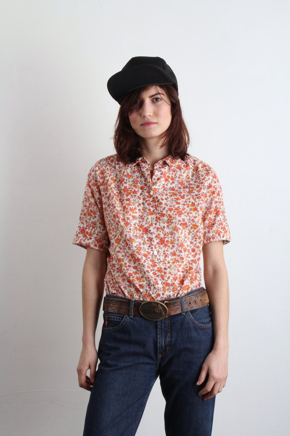 Vintage Top . Floral T Shirt . 70s Orange Blouse
