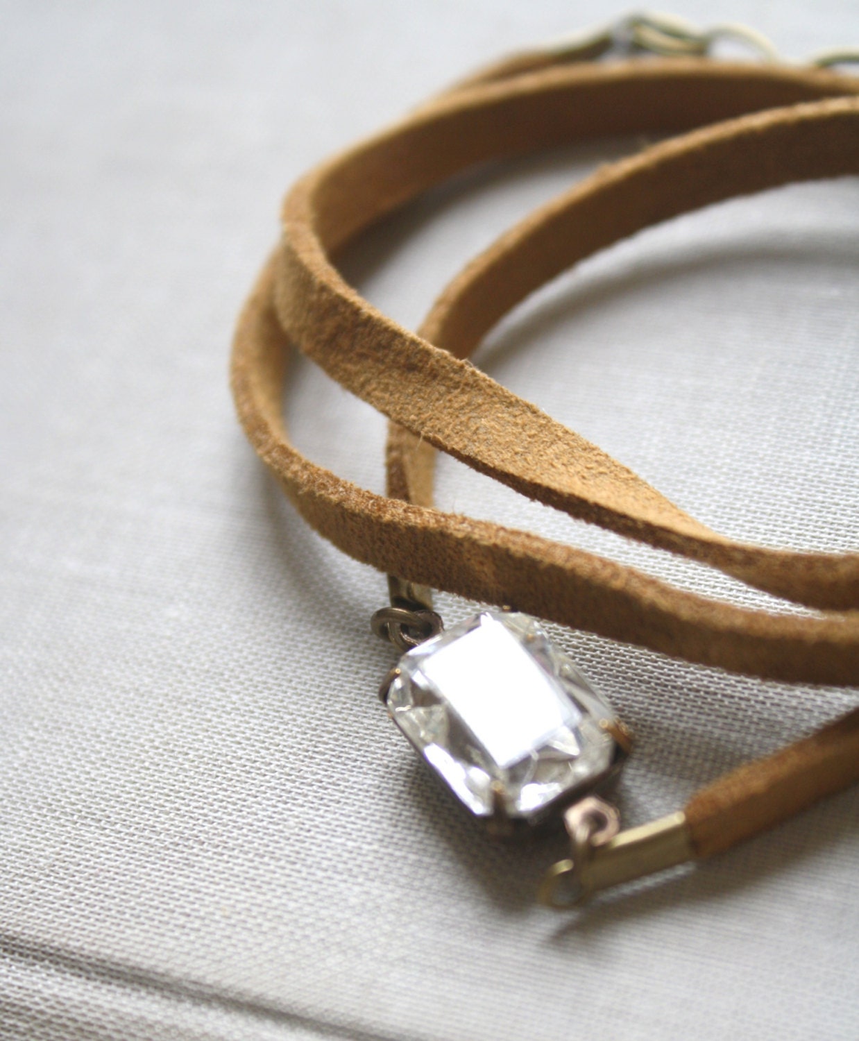 Vintage Jewel and Faux Leather Wrap Bracelet, Wrap, Bracelet, Clear, Simple, Modern Handmade Jewelry- Solitaire