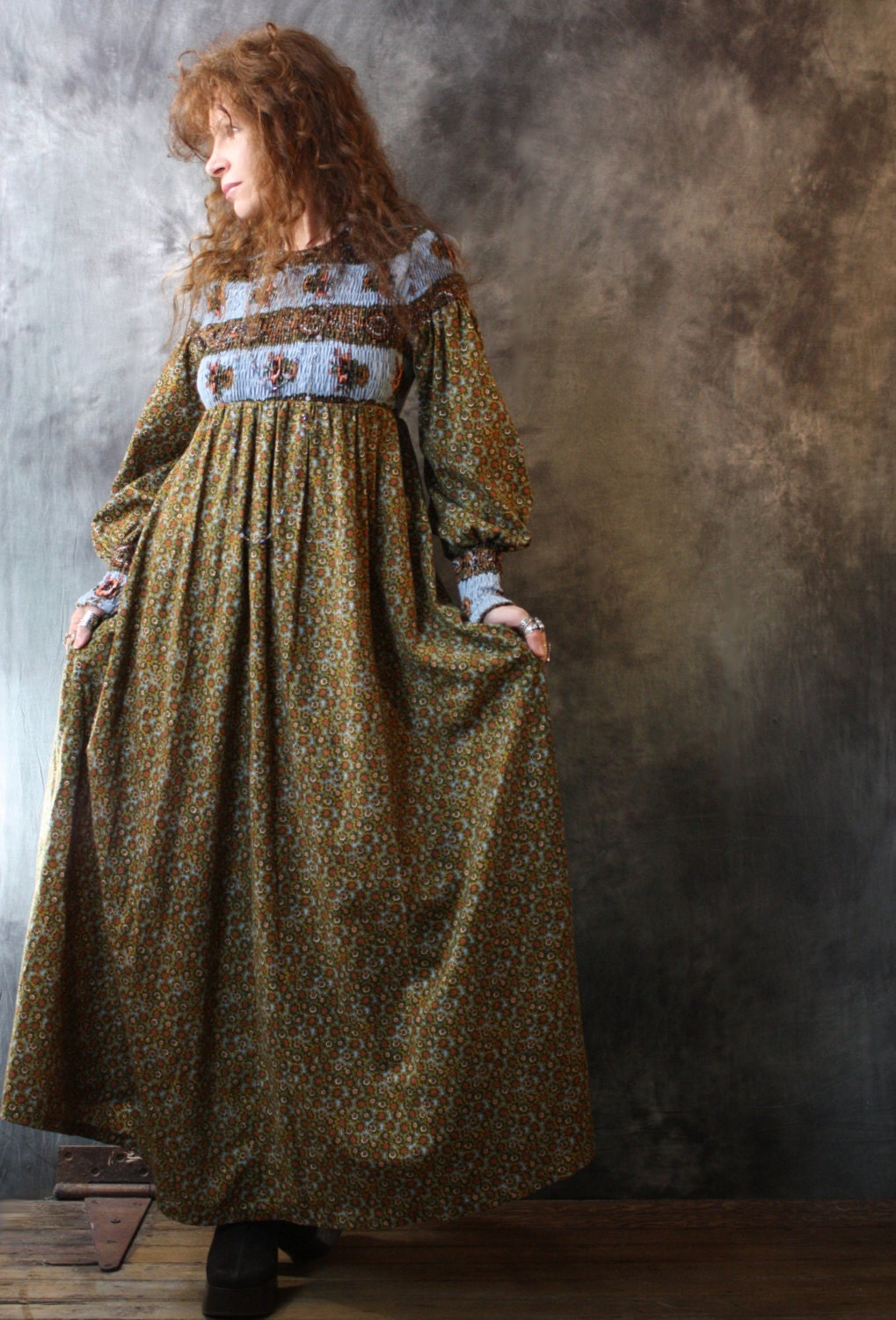 Vintage 1970s Hippie Fairy Tale Forest Maxi Dress Poet Sleeve Smocked Bodice and Cuffs