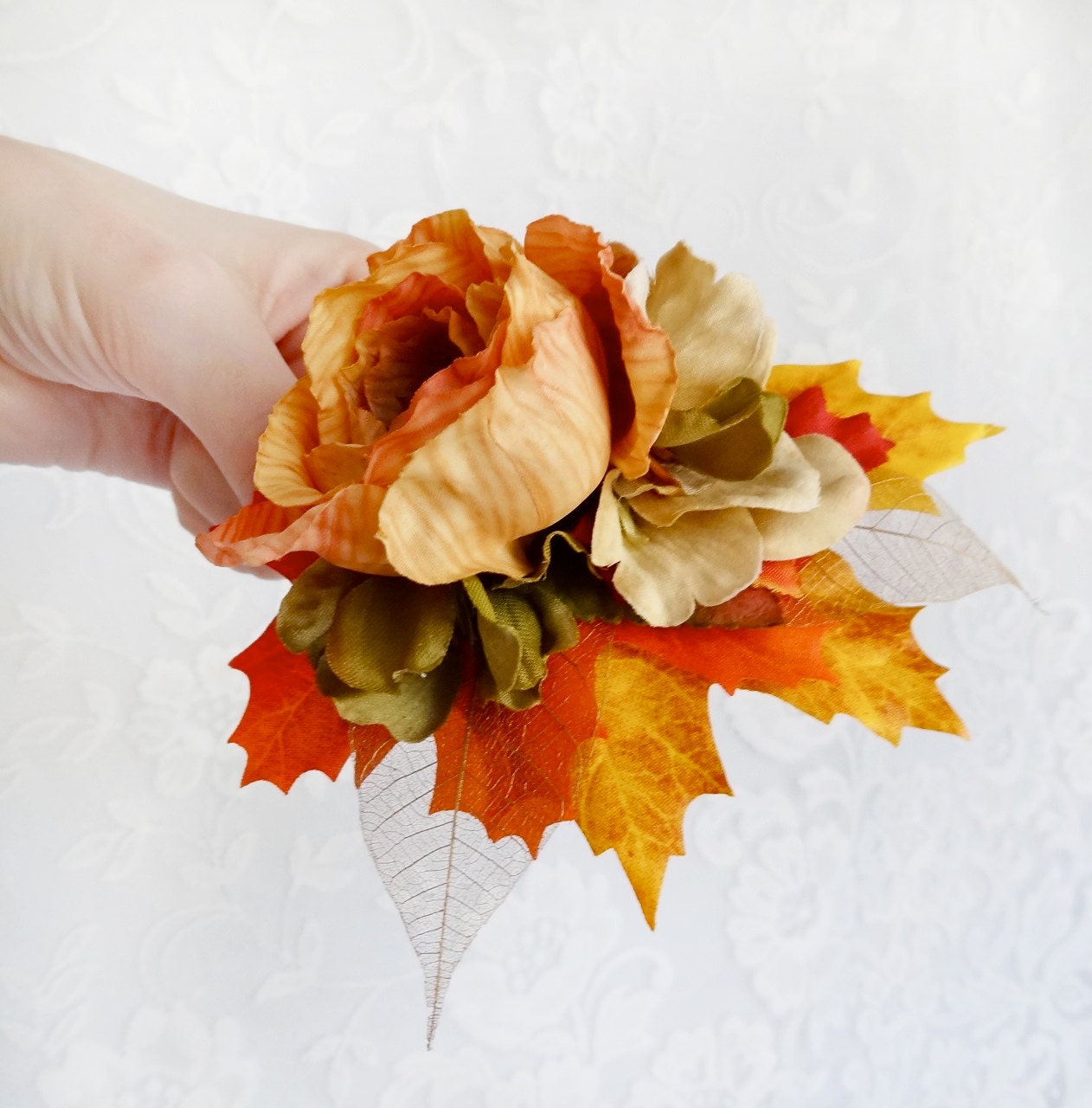 fall flower hair clip, autumn leaf, orange hair accessories - HARVEST - pumpkin orange, rust, rustic wedding