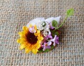 small sunflower hair clip, bridal hair accessory, yellow flower girl accessories - HONEYBEE - wildflower rustic wedding, purple flower